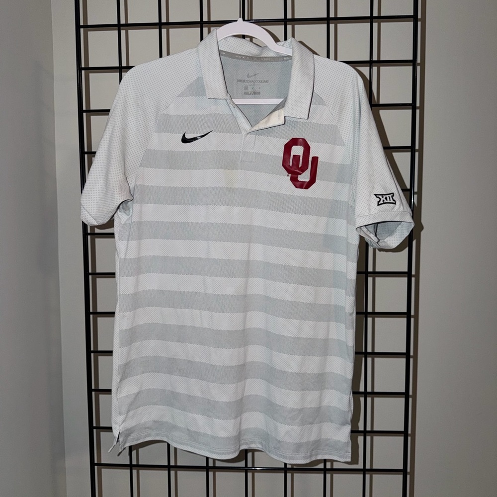 Nike Men's White and Gray Striped Jersey with Red Emblem
